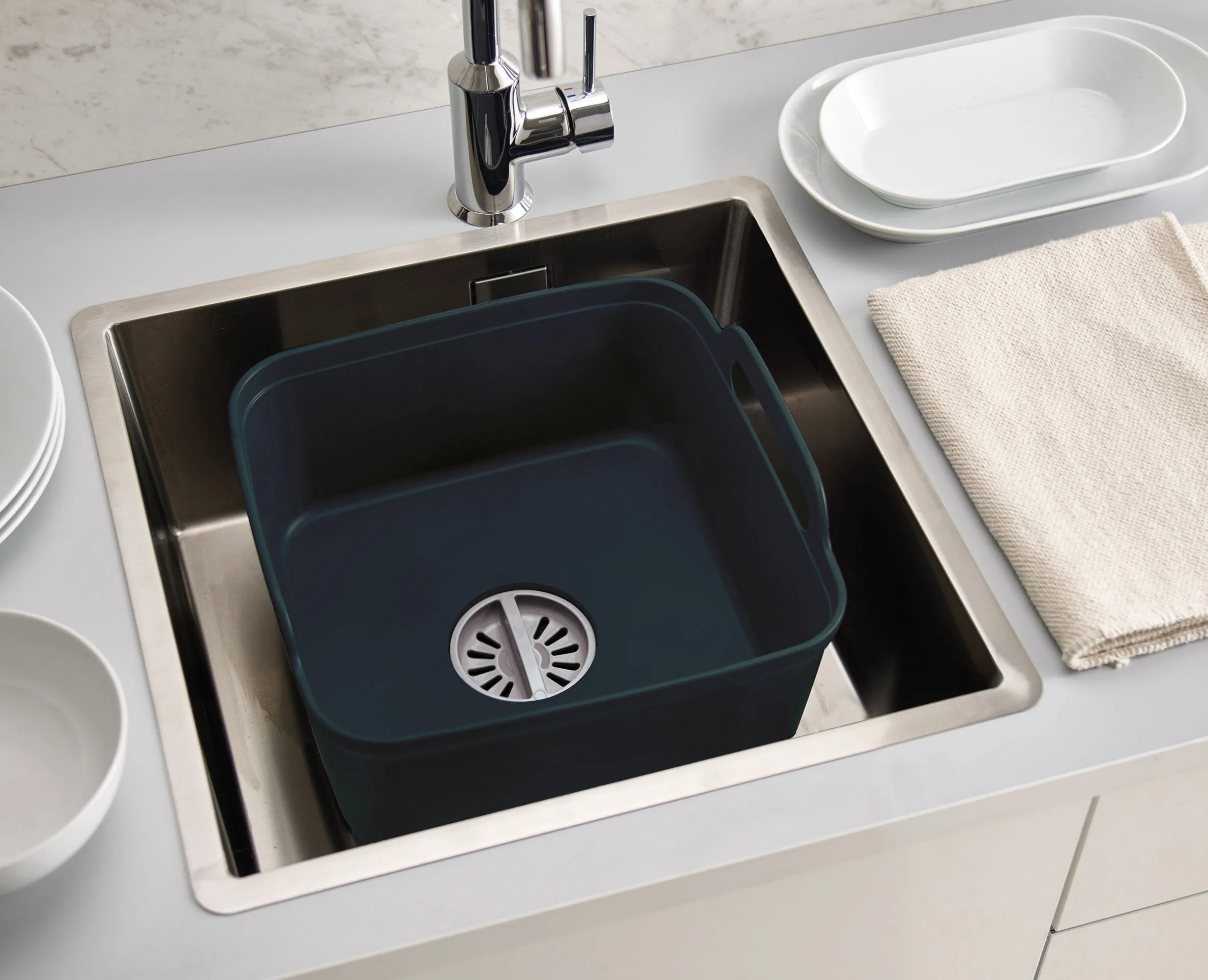 3-piece Gray Drainer, Washing-up Bowl & Brush Set