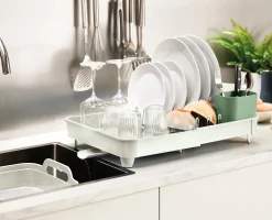 3-piece Stone Green Drainer, Washing-up Bowl & Brush Set