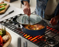 Space Folding Handle Ceramic Non-stick 5 Qt. Blue Shallow Casserole Pan & Lid