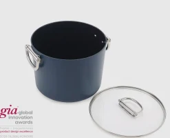 Space Folding Handle Ceramic Non-stick 8.5 Qt. Blue Stock Pot & Lid