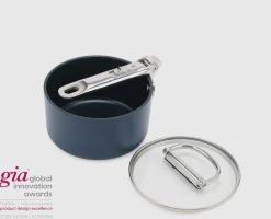 Space Folding Handle Ceramic Non-stick 1.4 Qt. Blue Saucepan & Lid