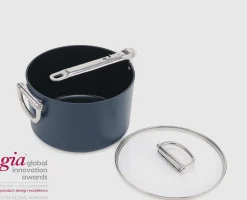 Space Folding Handle Ceramic Non-stick 5.4 Qt. Blue Saucepan & Lid