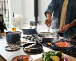 Space Folding Handle Ceramic Non-stick 10-piece Blue Cookware Set
